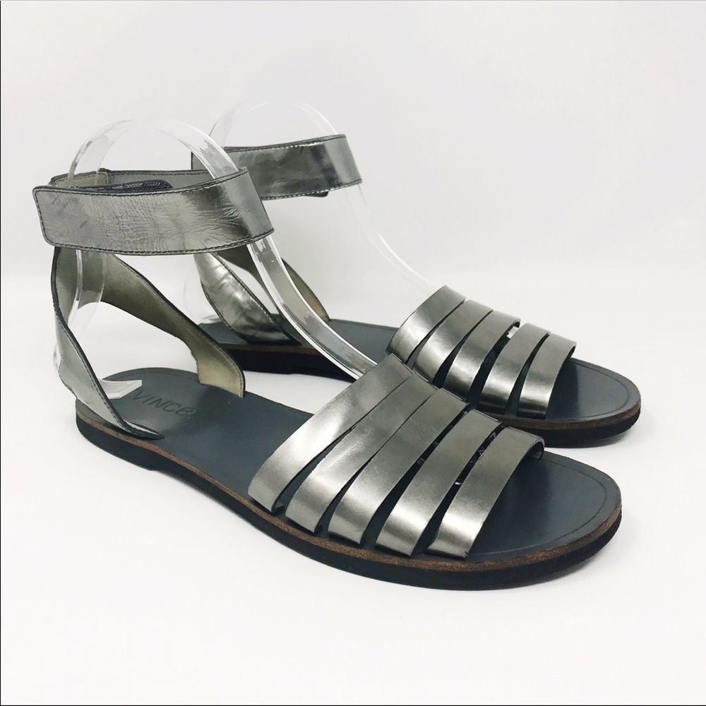 VINCE Pewter Metallic Leather Sandals 6.5
